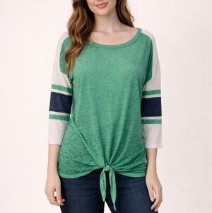 3/$30 SO Green and White Striped Sleeve Relaxed Baseball Tie Waist Burnout Shirt